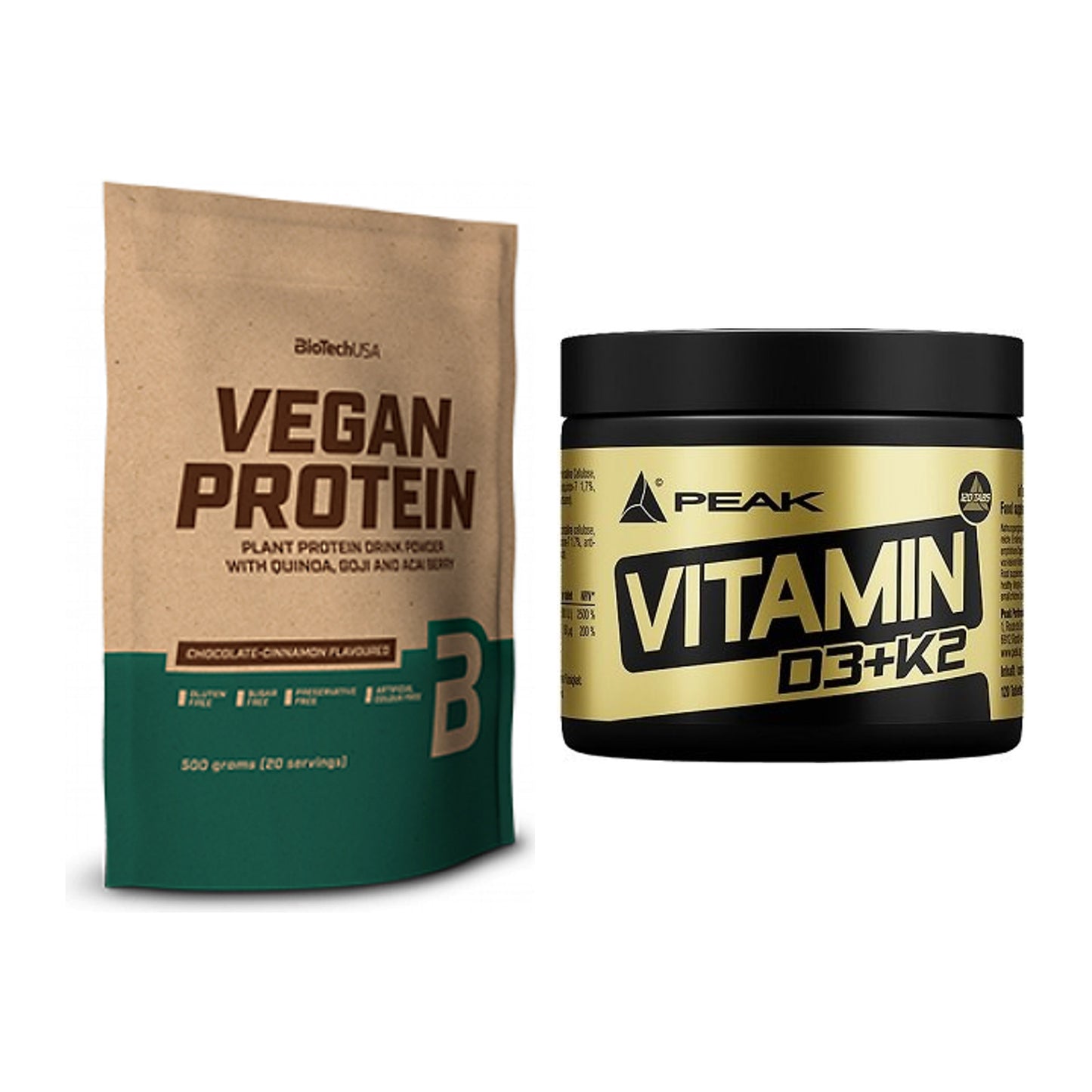 Basis-Set: BioTech Vegan Protein + Peak Vitamin D3+K2 120 Tabl. – alle enthaltenen Artikel