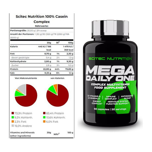 Alapkészlet: Scitec Casein Complex + Scitec Mega Daily One Plus - minden elemet tartalmaz