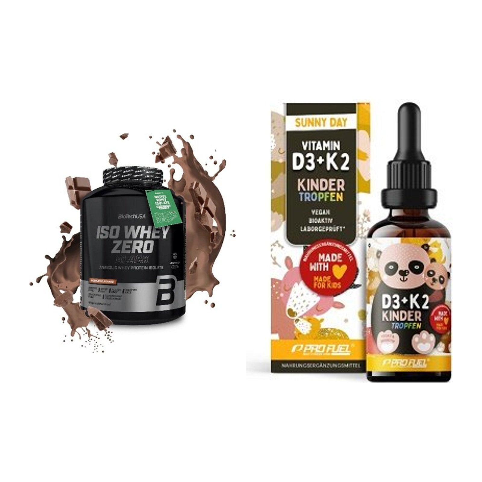 Basis-Set: BioTech Iso Whey Zero Black + ProFuel VITAMIN D3 + K2 – alle enthaltenen Artikel