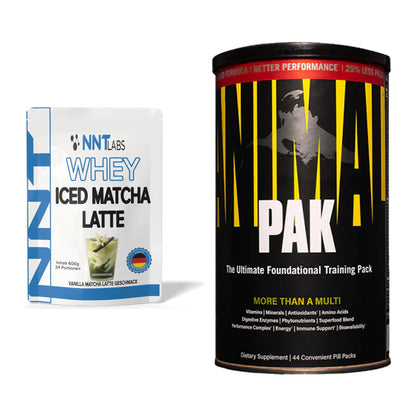 Basis-Set: NNT Whey ICED MATCHA LATTE + Universal Animal Pak 44 Serv. – alle enthaltenen Artikel