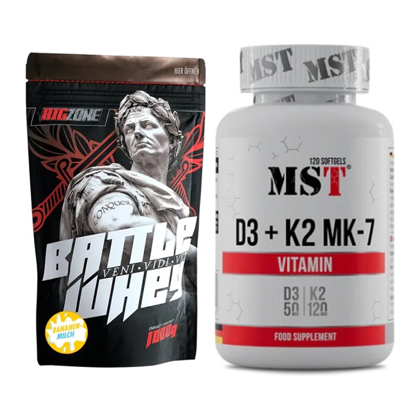 Basis-Set: Big Zone Battle Whey + MST Vitamin D3 + K2 + MK-7 – alle enthaltenen Artikel