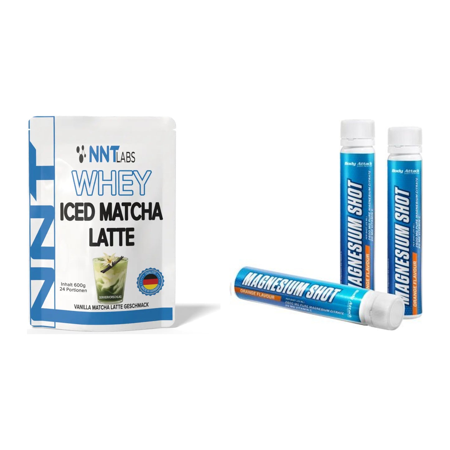 Basis-Set: NNT Whey ICED MATCHA LATTE + Body Attack Magnesium Shots – alle enthaltenen Artikel