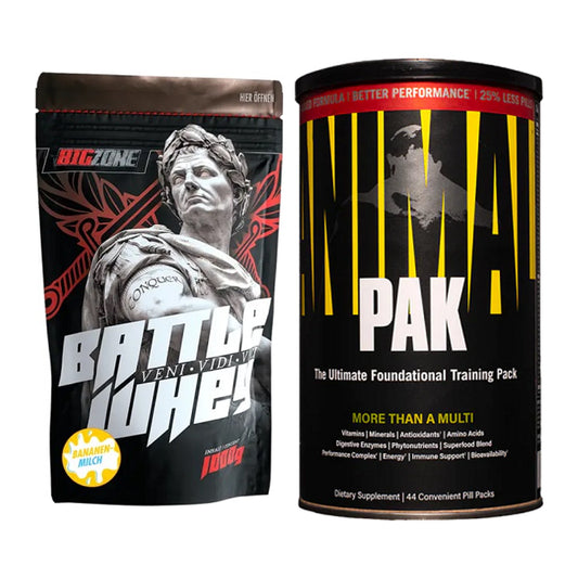 Basis-Set: Big Zone Battle Whey + Universal Animal Pak 44 Serv. – alle enthaltenen Artikel