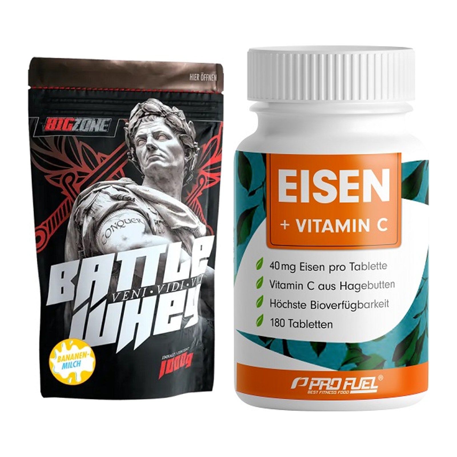 Basis-Set: Big Zone Battle Whey + ProFuel EISEN + nat. Vitamin C – alle enthaltenen Artikel