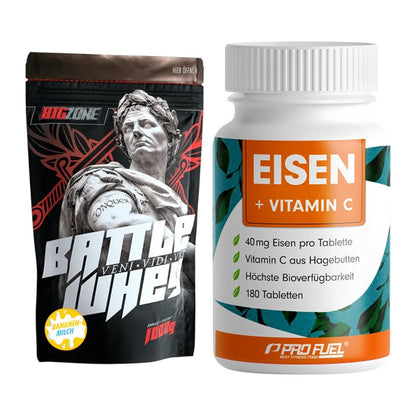 Basis-Set: Big Zone Battle Whey + ProFuel EISEN + nat. Vitamin C – alle enthaltenen Artikel