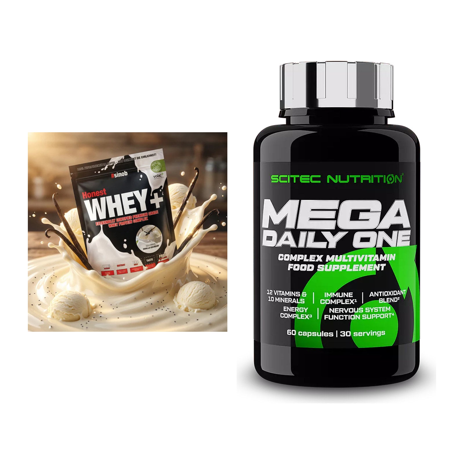 Basis-Set: Sinob Honest Whey+ + Scitec Mega Daily One Plus – alle enthaltenen Artikel