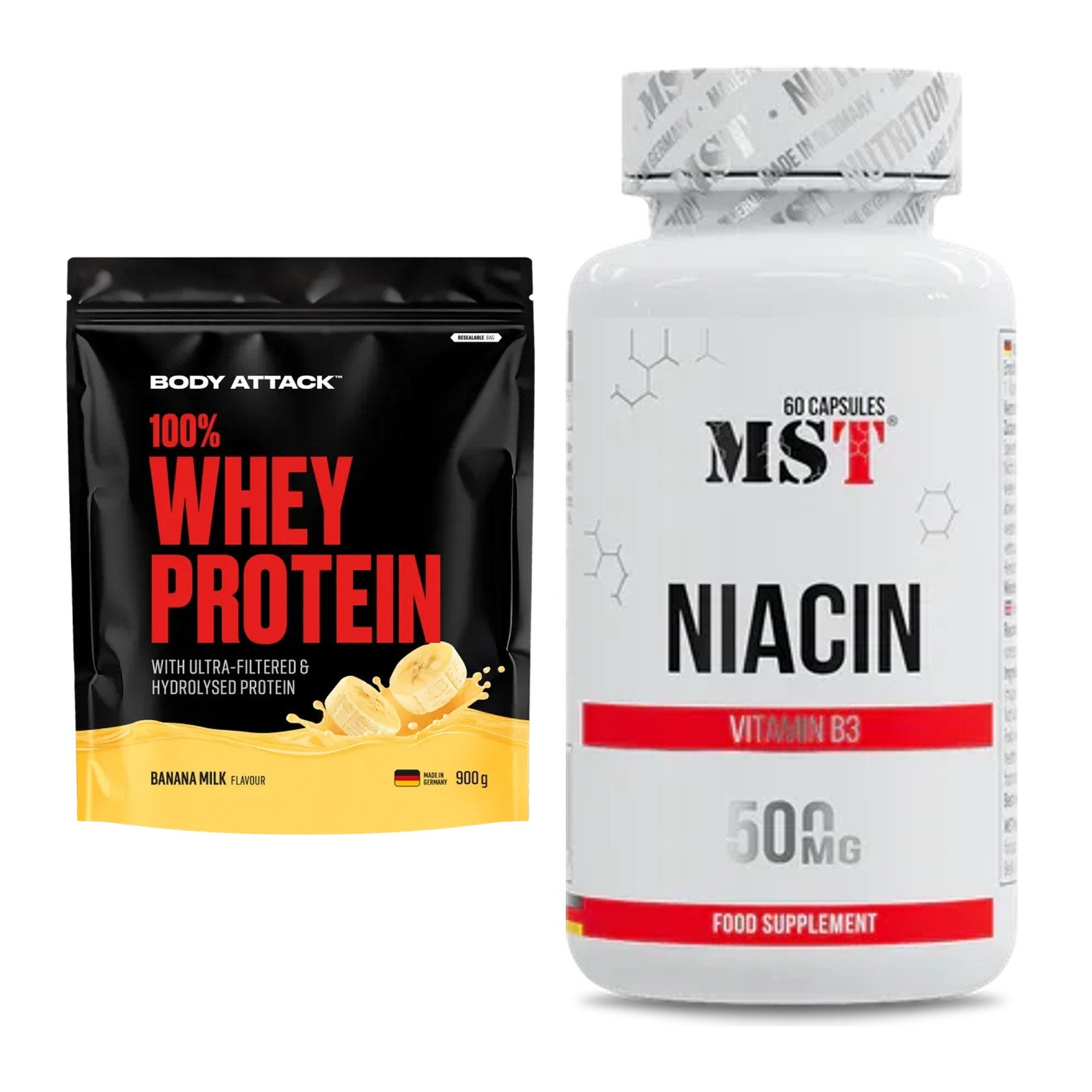 Basis-Set: Body Attack 100% Whey Protein + MST Niacin – alle enthaltenen Artikel