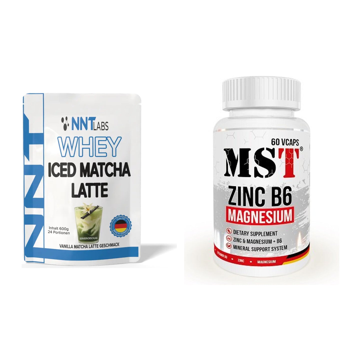 Basis-Set: NNT Whey ICED MATCHA LATTE + MST Zinc + Magnesium + B6 60 – alle enthaltenen Artikel