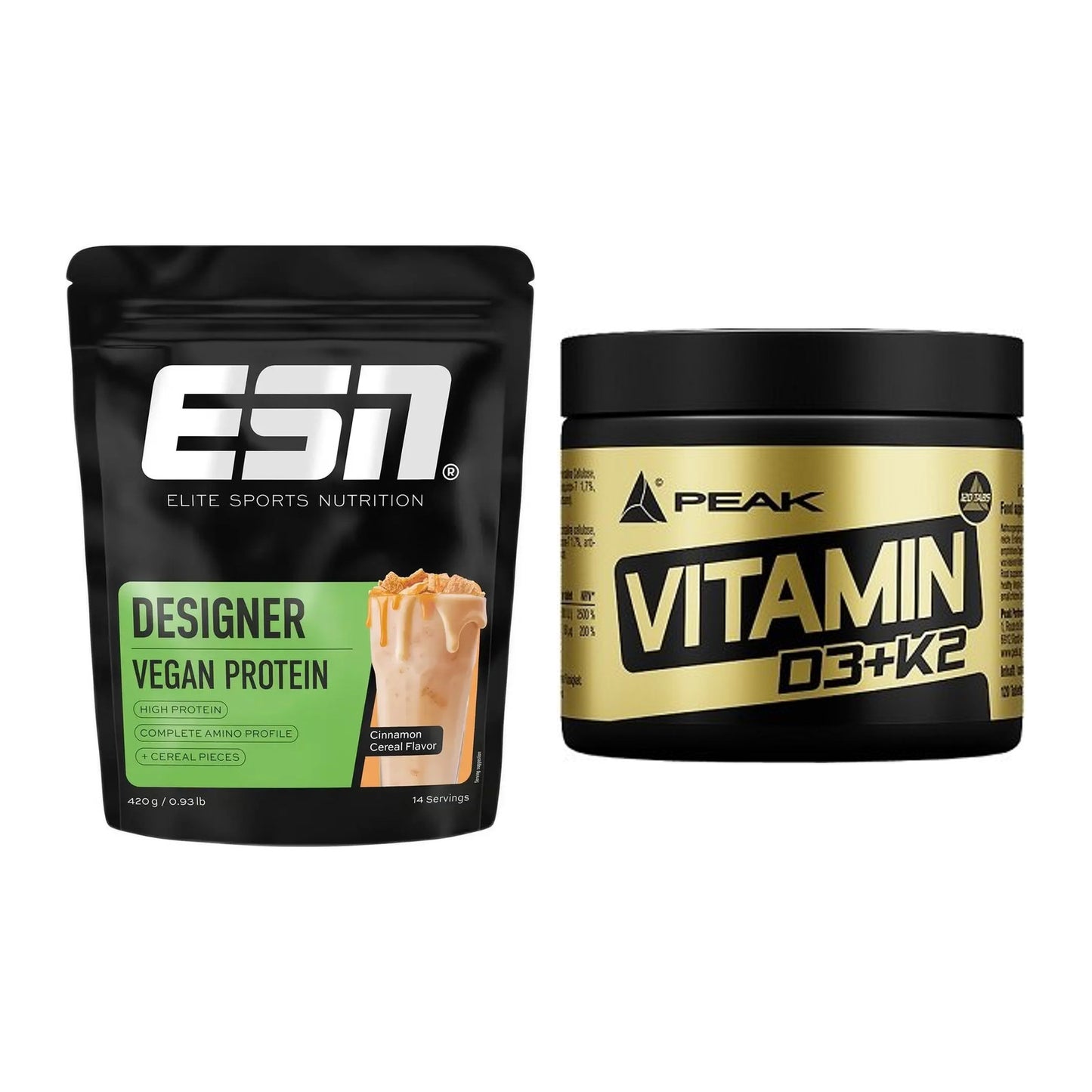 Basis-Set: ESN Designer Vegan Protein + Peak Vitamin D3+K2 120 Tabl. – alle enthaltenen Artikel