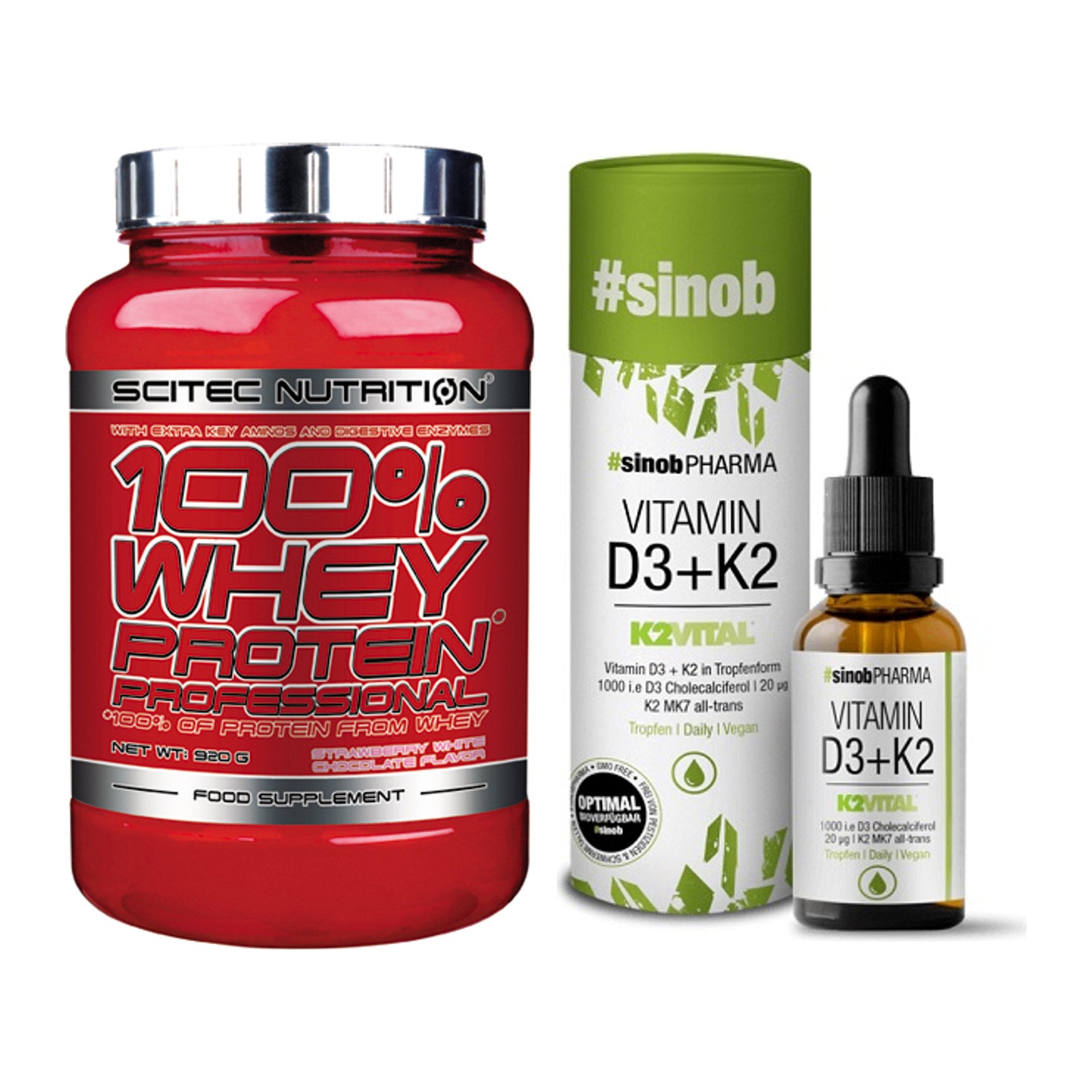 Basis-Set: Scitec 100% Whey + Sinob Vitamin D3 + K2 – alle enthaltenen Artikel