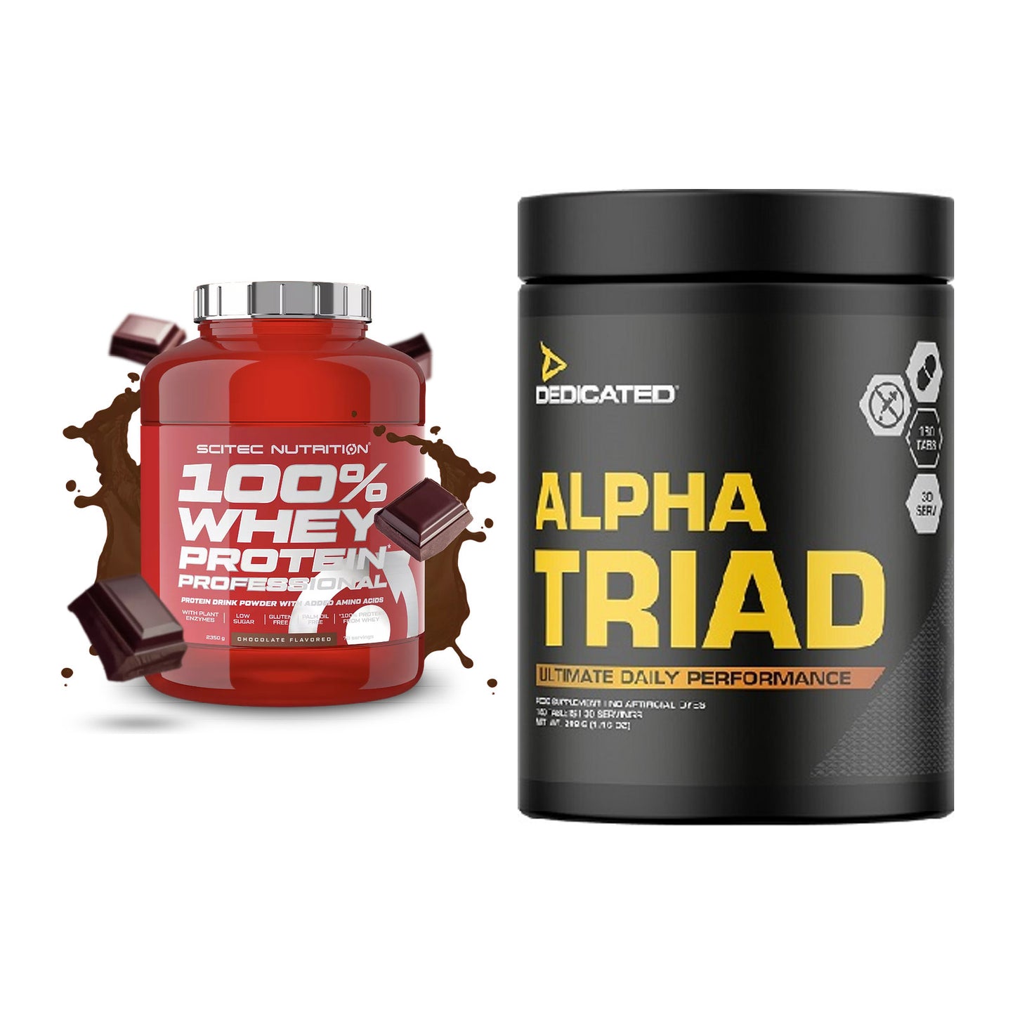 Basis-Set: Scitec 100% Whey + Dedicated Alpha Triad 180 – alle enthaltenen Artikel