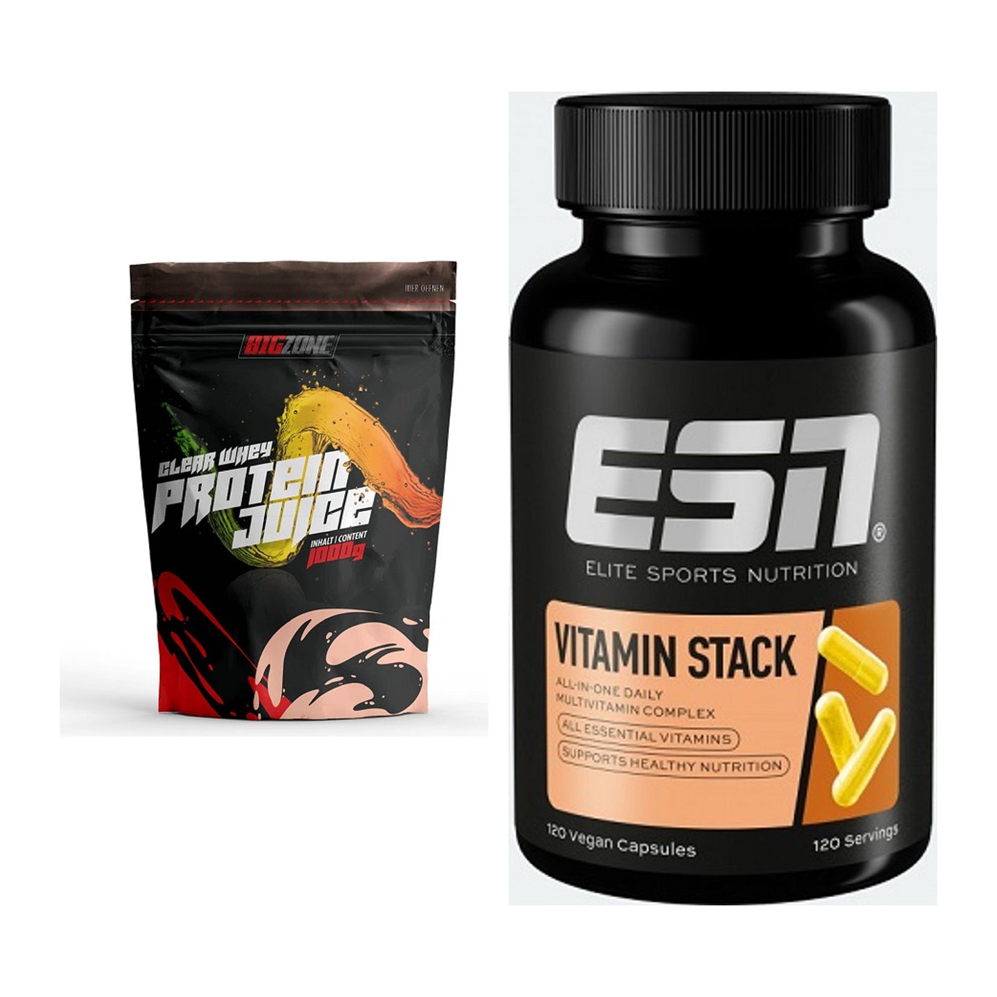 Basis-Set: Big Zone Clear Whey Protein Juice + ESN Vitamin Stack – alle enthaltenen Artikel