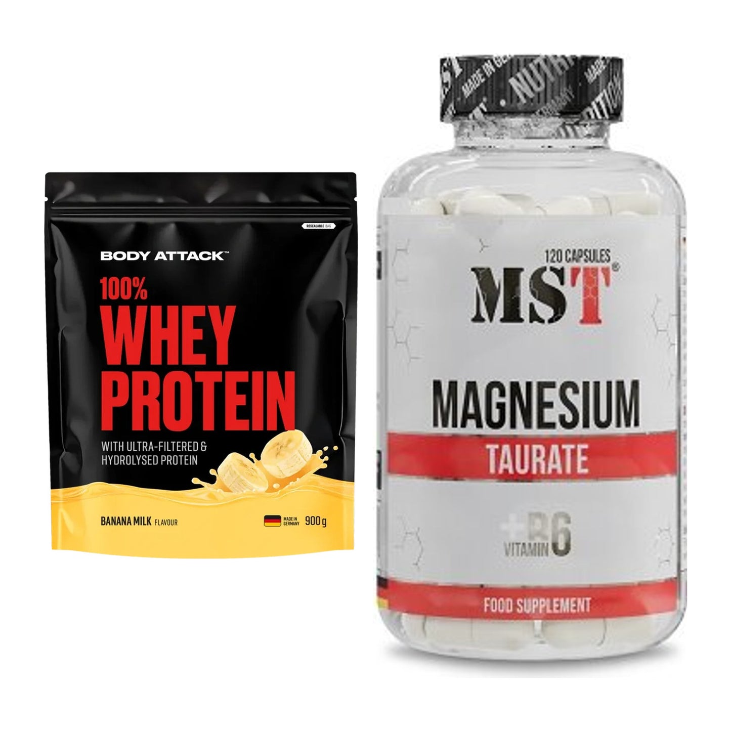 Basis-Set: Body Attack 100% Whey Protein + MST Magnesium Taurat – alle enthaltenen Artikel
