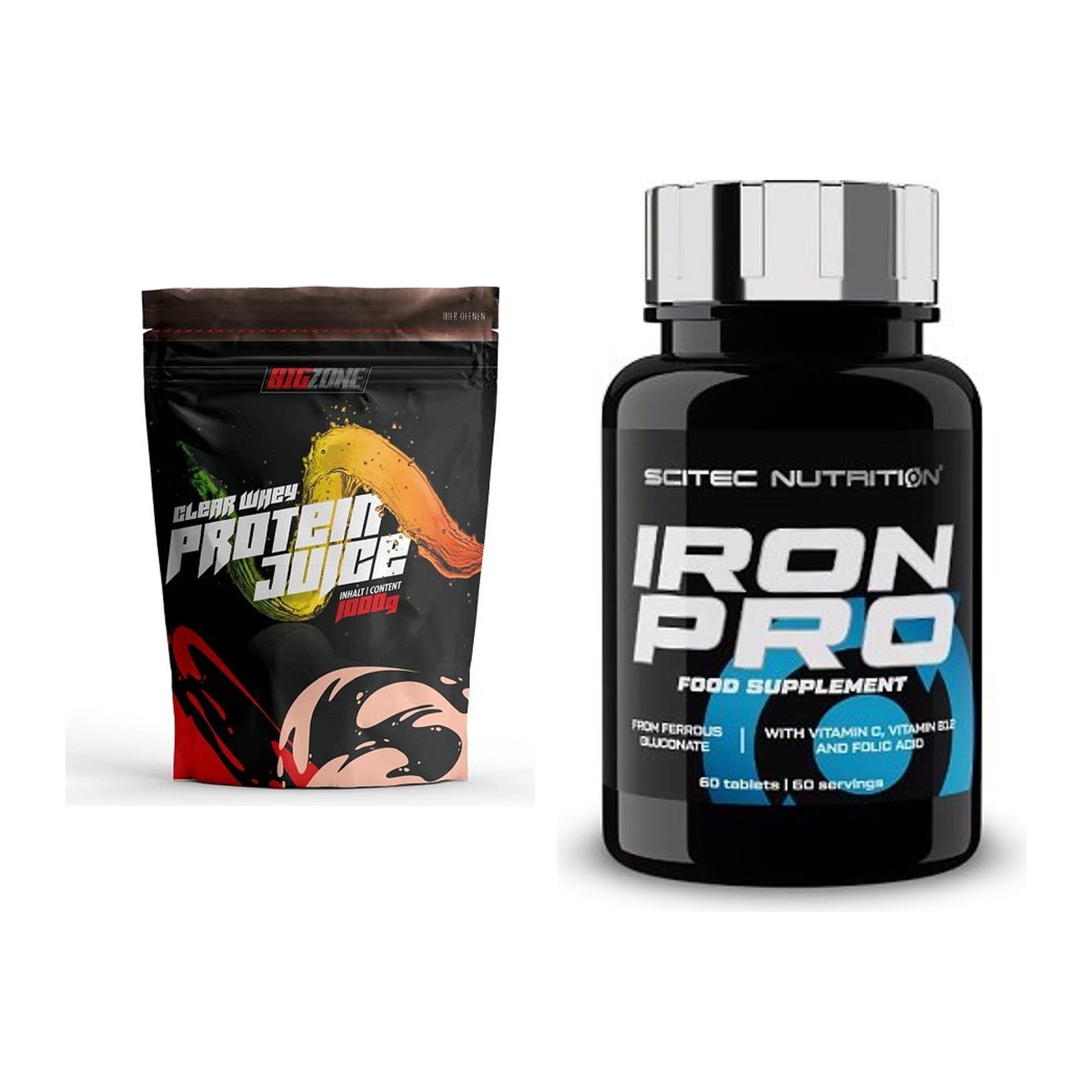 Basis-Set: Big Zone Clear Whey Protein Juice + Scitec Iron Pro – alle enthaltenen Artikel