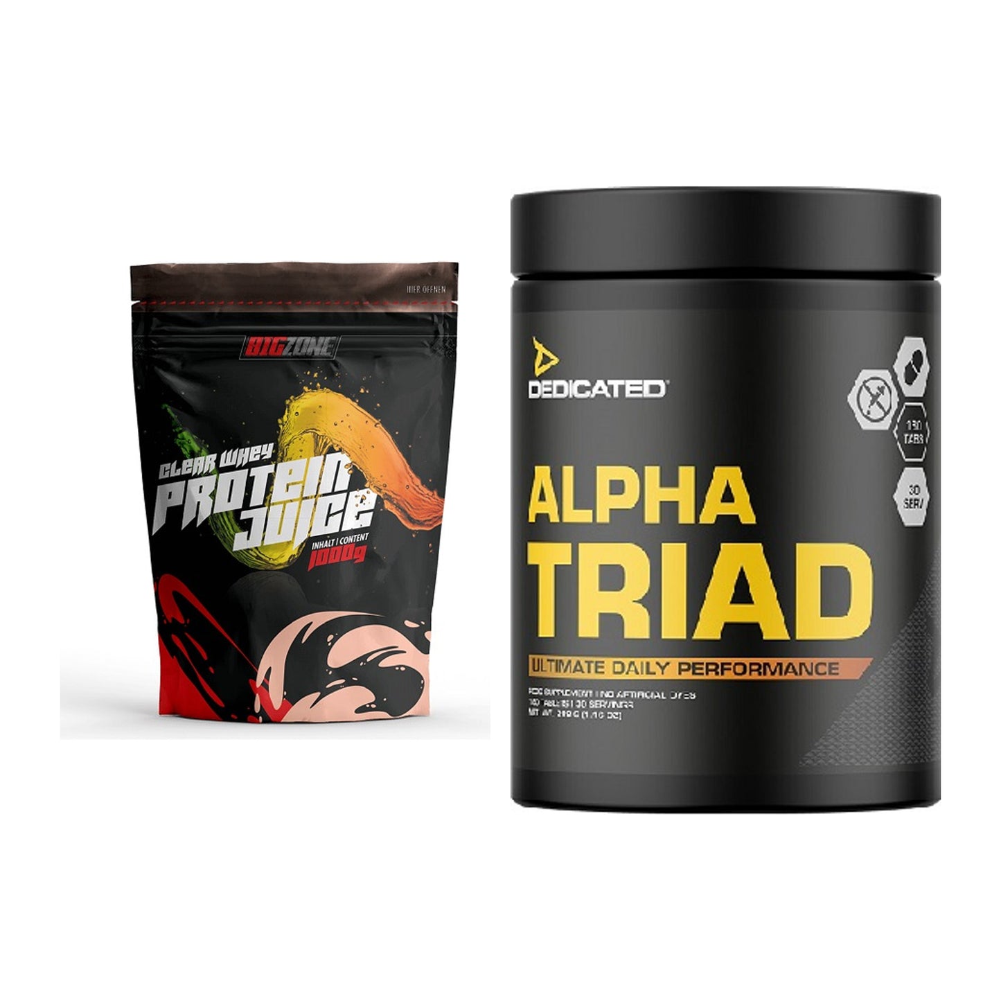 Basis-Set: Big Zone Clear Whey Protein + Dedicated Alpha Triad 180 – alle enthaltenen Artikel