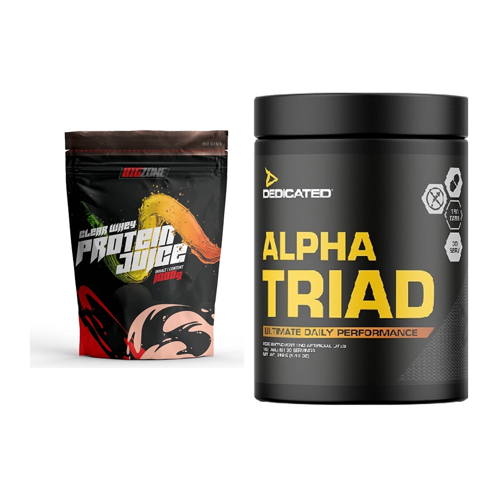 Basis-Set: Big Zone Clear Whey Protein + Dedicated Alpha Triad 180 – alle enthaltenen Artikel
