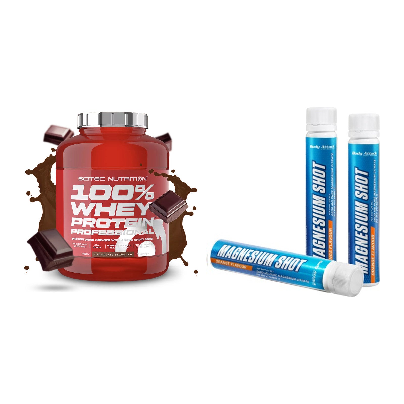 Basis-Set: Scitec 100% Whey Professional + Body Attack Magnesium Shots – alle enthaltenen Artikel