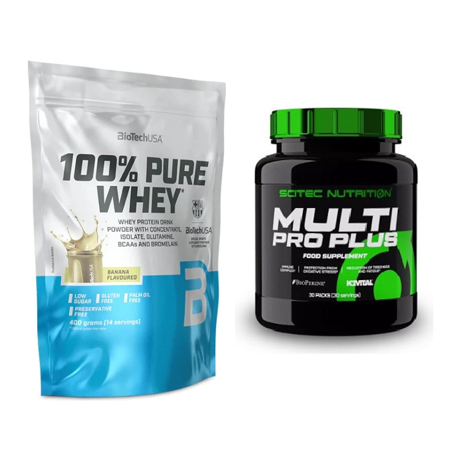Basis-Set: BioTech 100% Pure Whey + Scitec Multi Pro Plus 30 Packs – alle enthaltenen Artikel