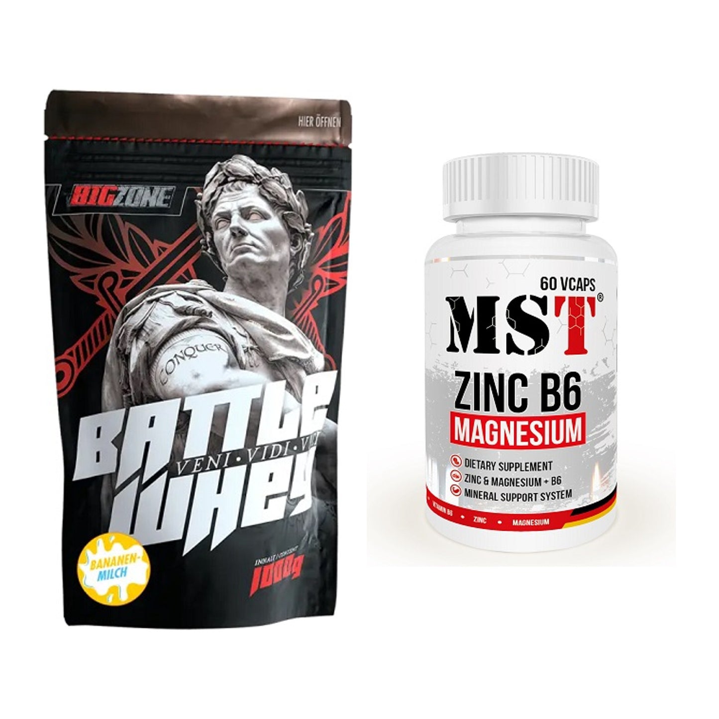 Basis-Set: Big Zone Battle Whey + MST Zinc + Magnesium + B6 60 – alle enthaltenen Artikel