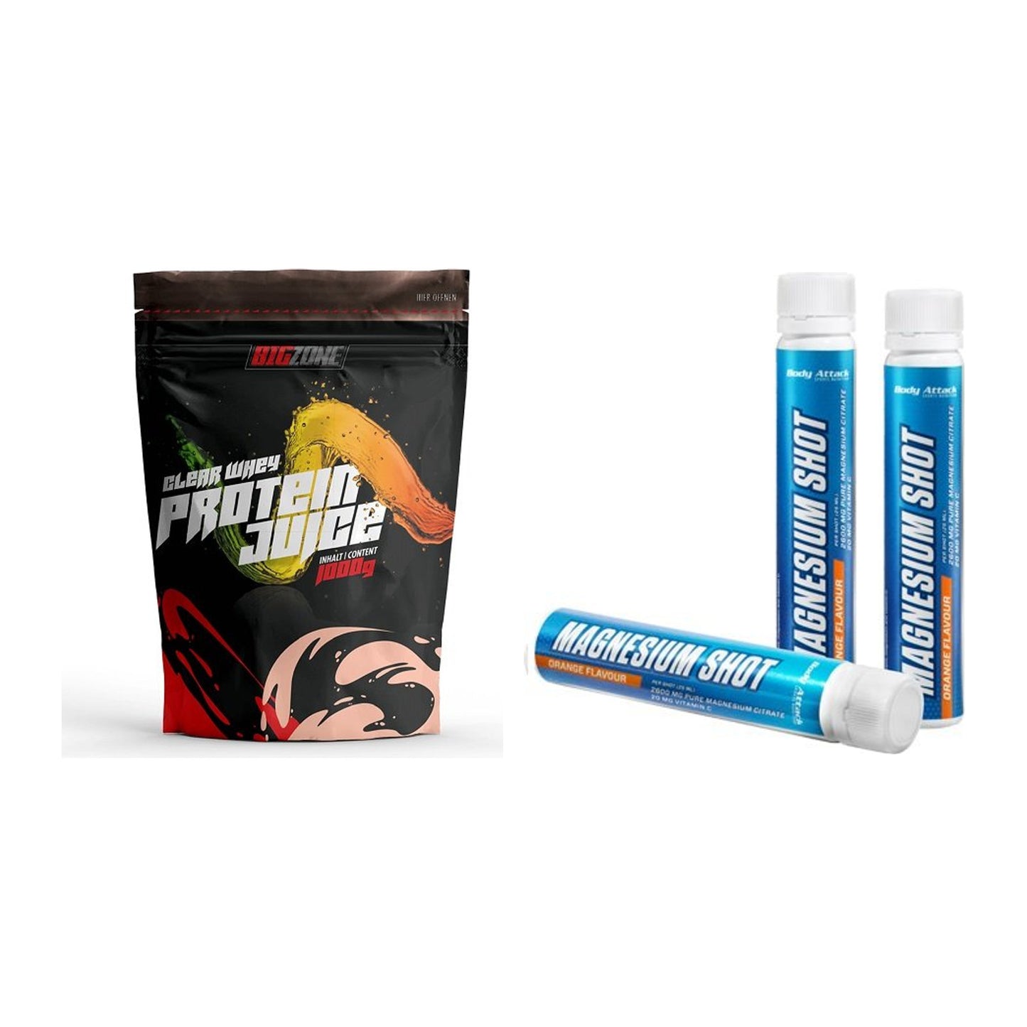 Basis-Set: Big Zone Clear Whey Protein + Body Attack Magnesium Shots – alle enthaltenen Artikel