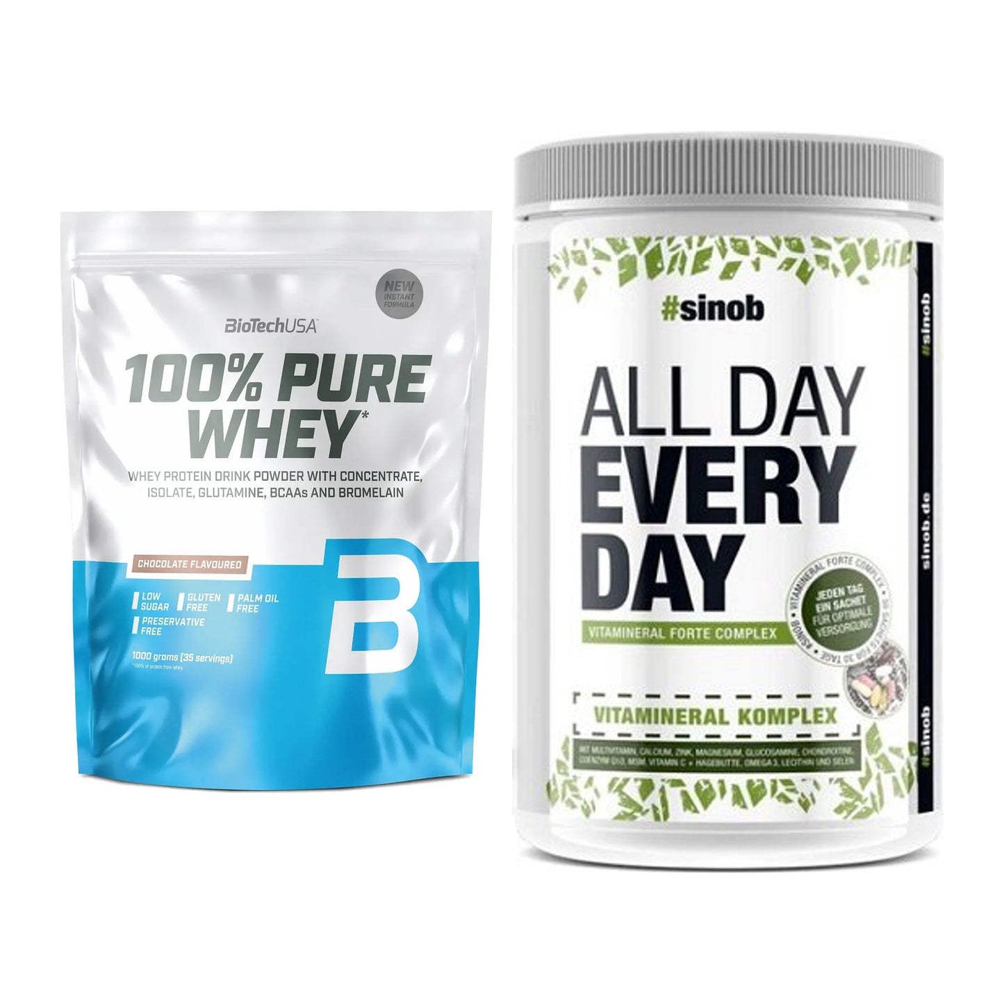 Basis-Set: BioTech 100% Pure Whey + Sinob All Day Every Day 30 Serv. – alle enthaltenen Artikel
