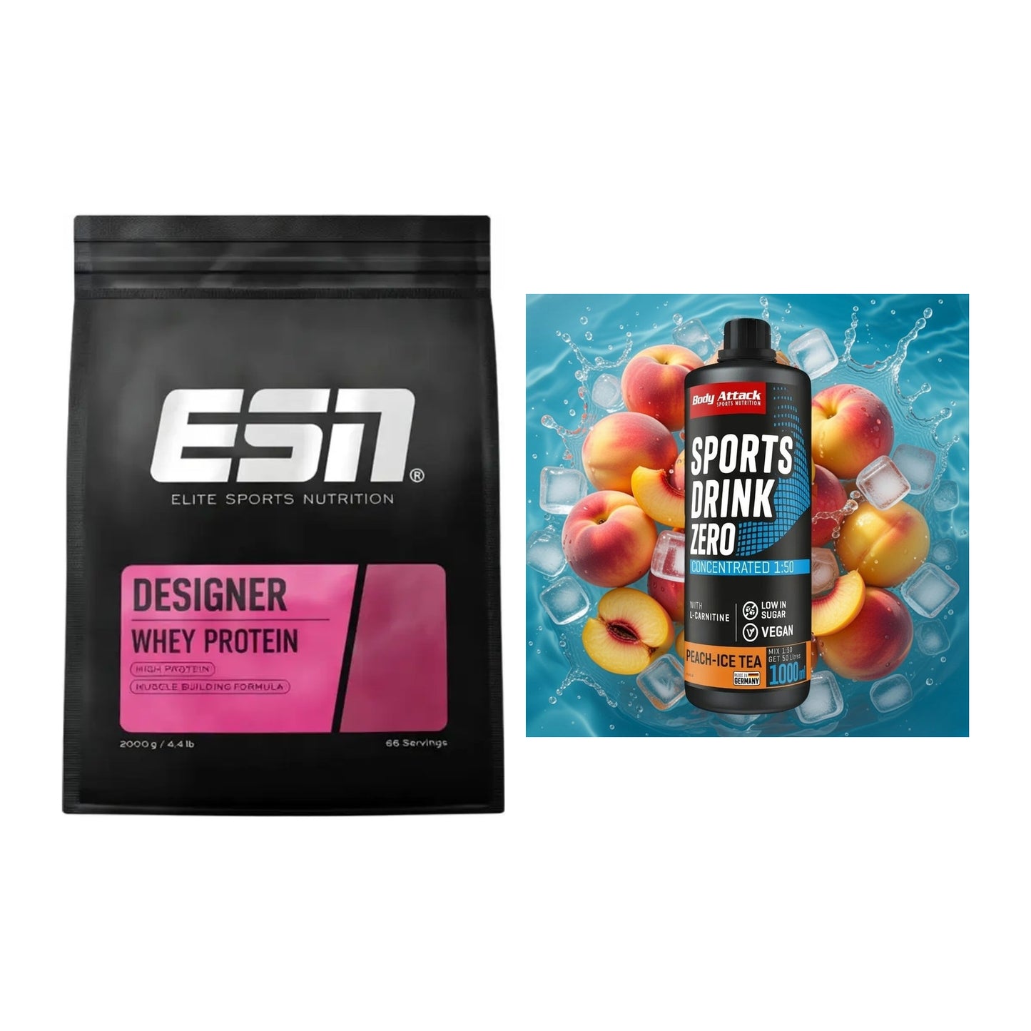 Basis-Set: ESN Designer Whey + Body Attack Sports Drink Zero – alle enthaltenen Artikel