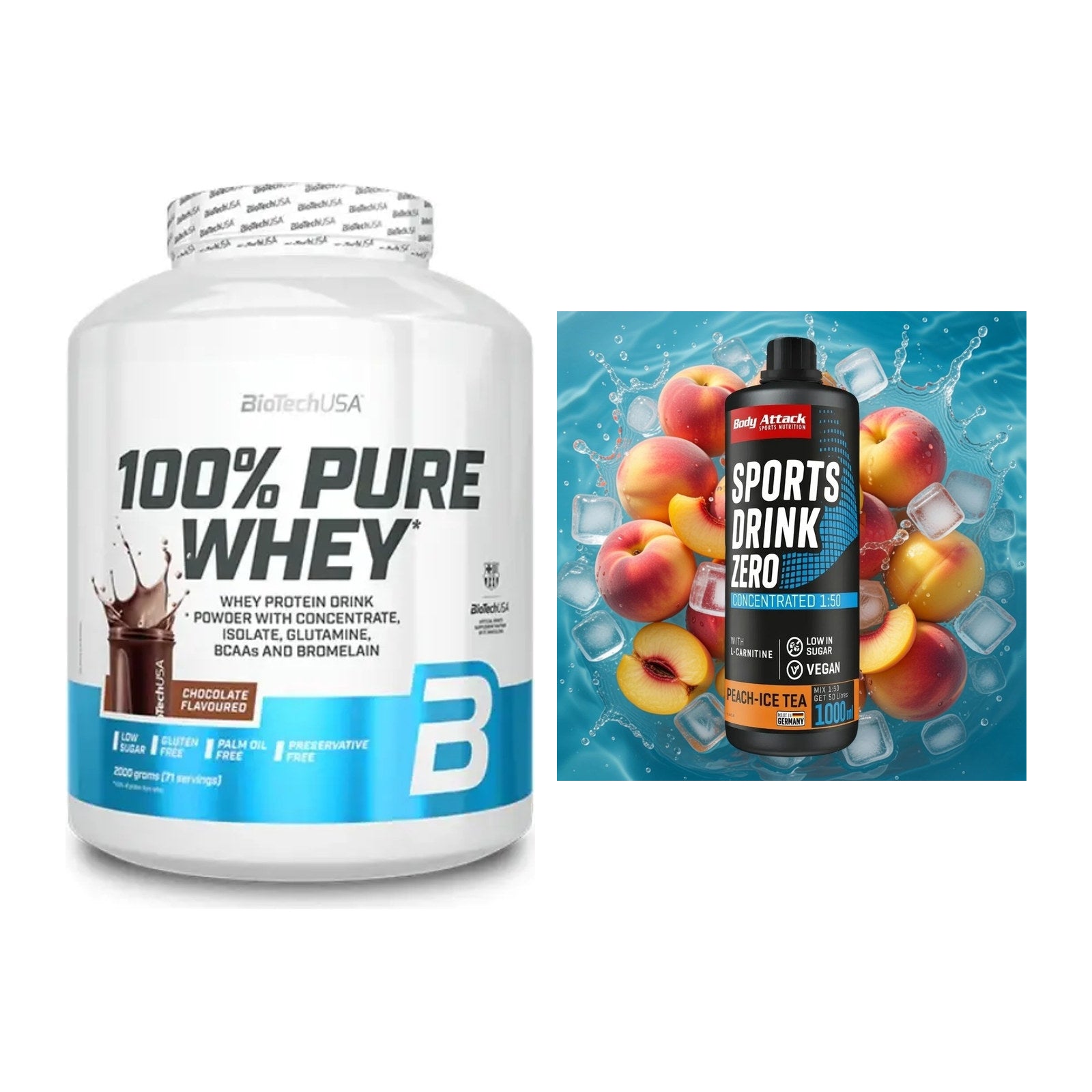 Basis-Set: BioTech 100% Pure Whey + Body Attack Sports Drink Zero – alle enthaltenen Artikel