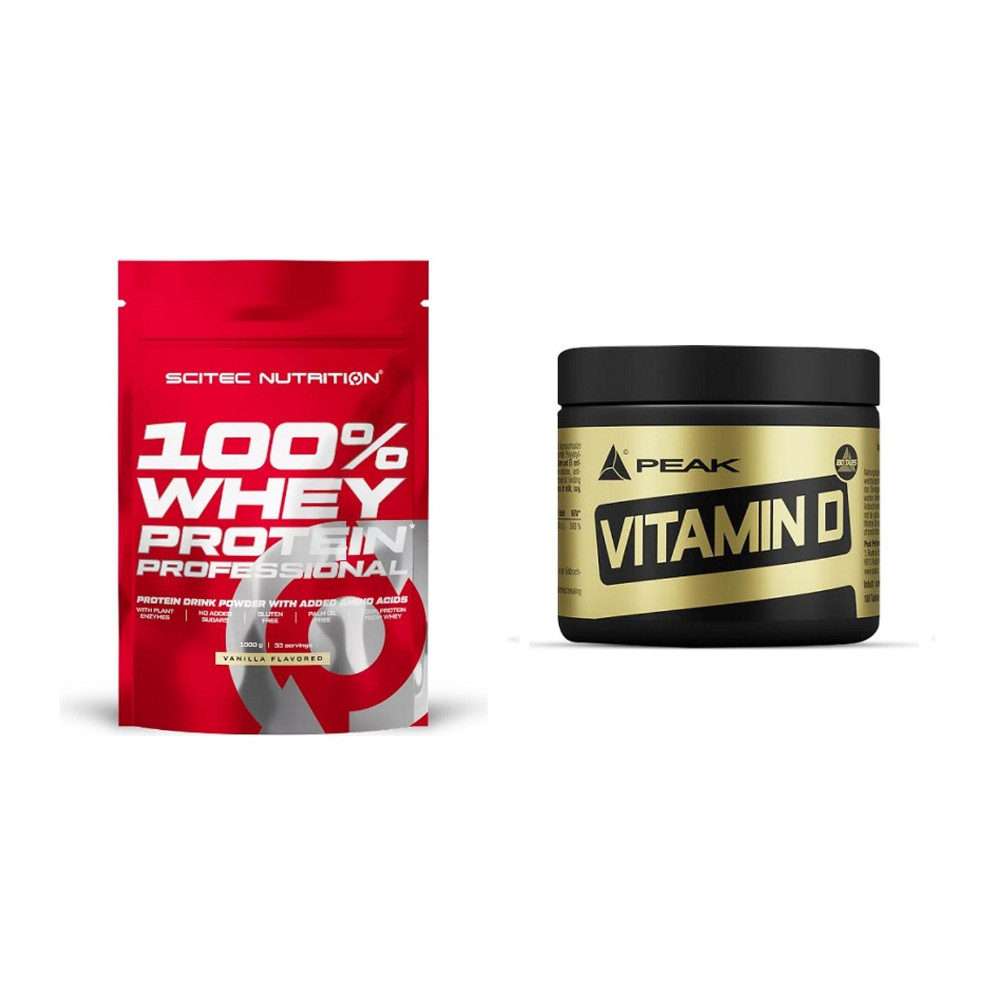 Basis-Set: Scitec 100% Whey Protein + Peak Vitamin D 180 Tabl. – alle enthaltenen Artikel