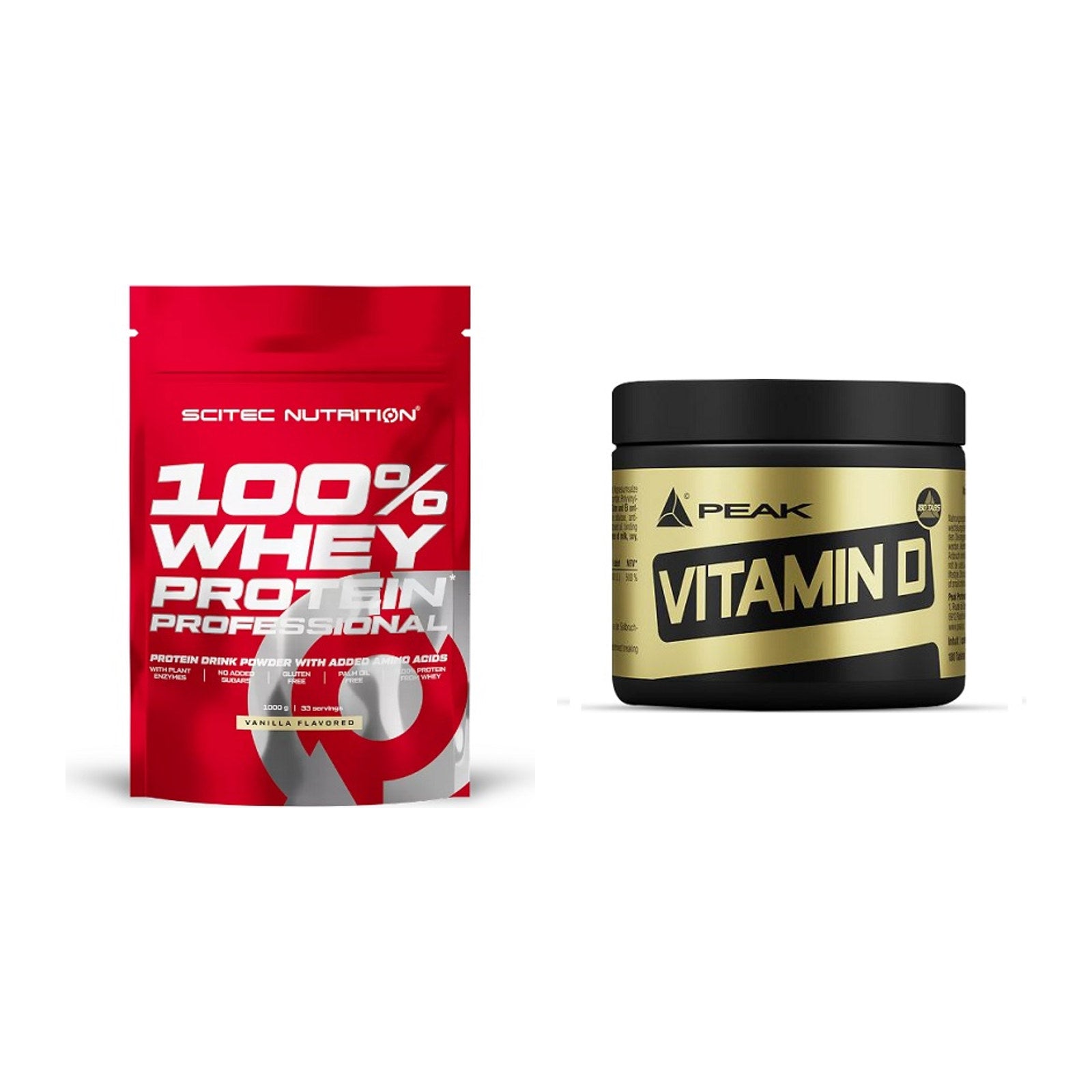 Basis-Set: Scitec 100% Whey Protein + Peak Vitamin D 180 Tabl. – alle enthaltenen Artikel