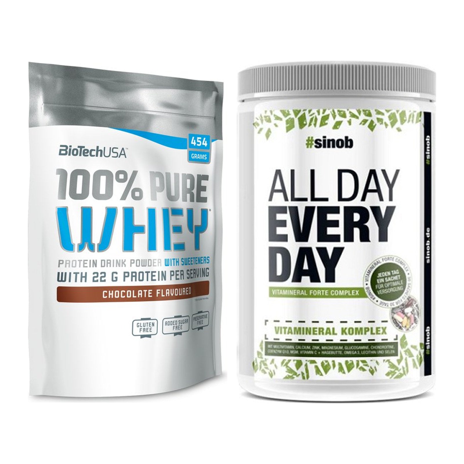 Basis-Set: BioTech 100% Pure Whey + Sinob All Day Every Day 30 Serv. – alle enthaltenen Artikel