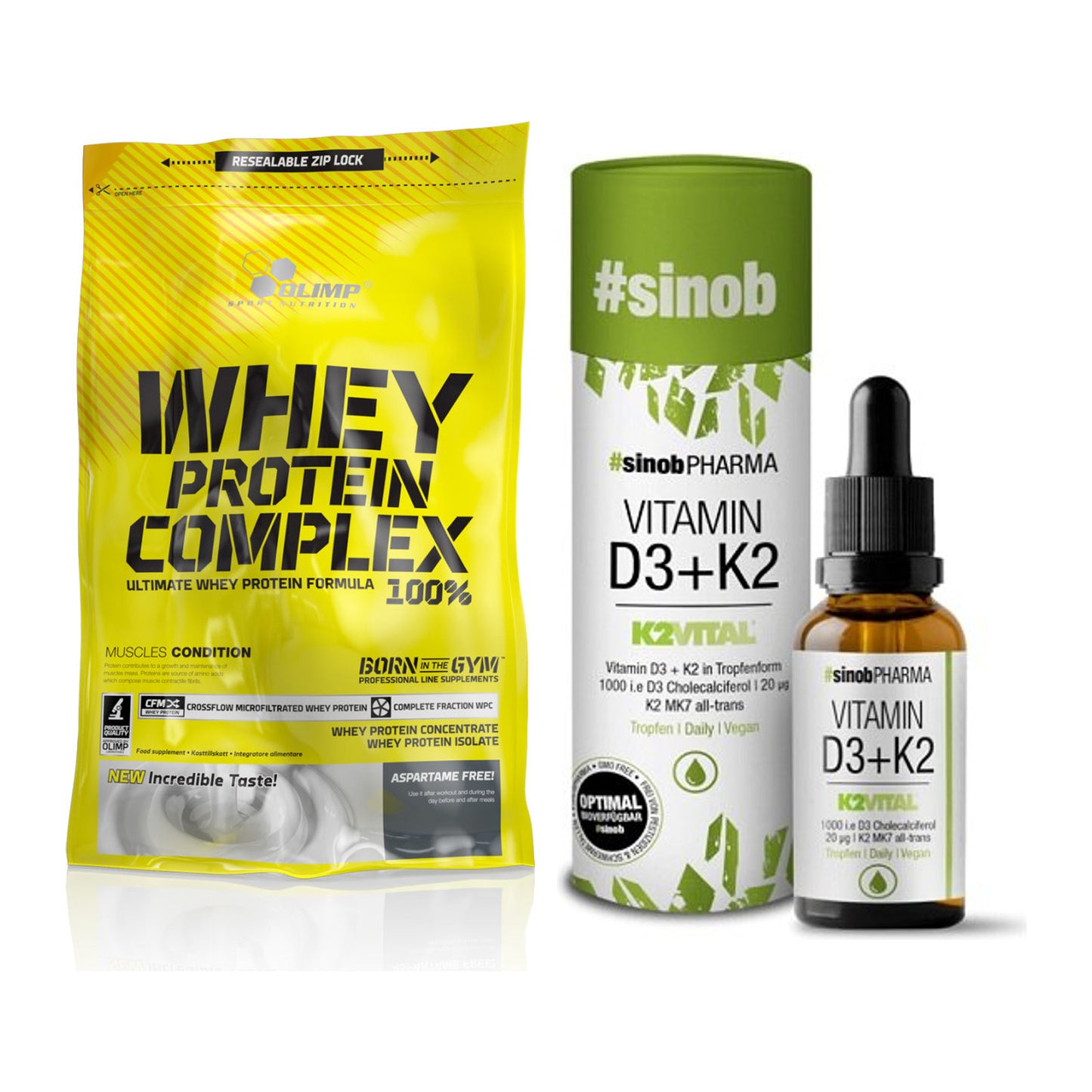 Basis-Set: Olimp Whey Protein Complex + Sinob Vitamin D3 + K2 – alle enthaltenen Artikel