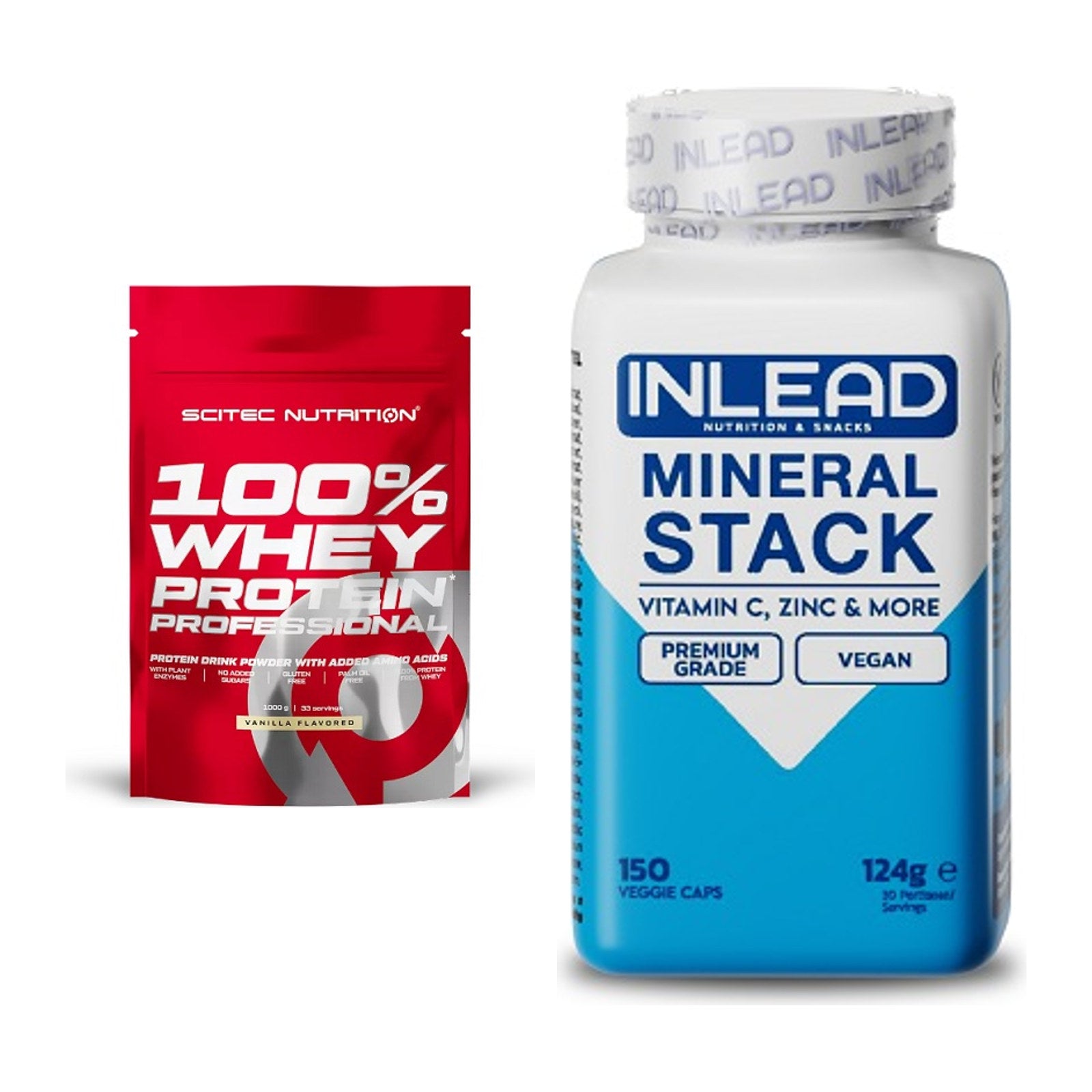 Basis-Set: Scitec 100% Whey Protein + INLEAD Mineral Stack – alle enthaltenen Artikel