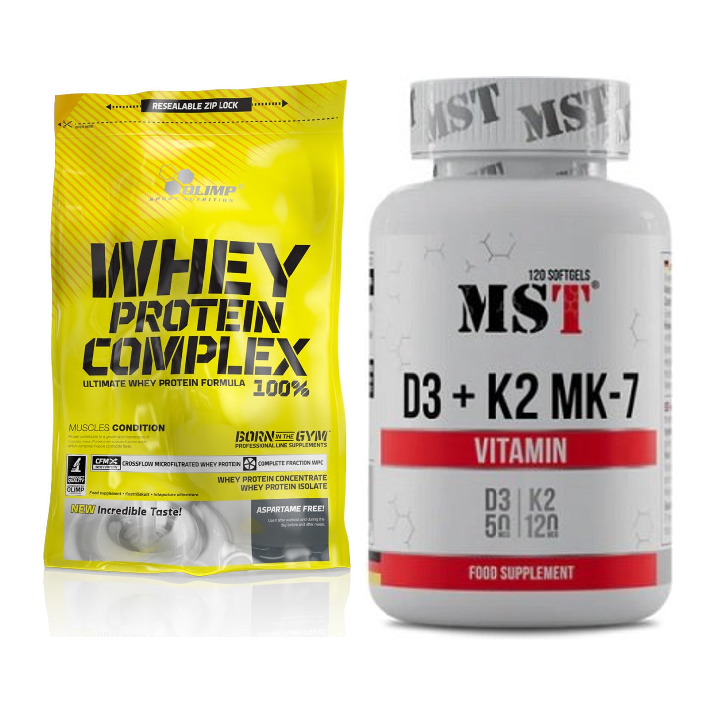 Basis-Set: Olimp Whey Protein Complex + MST Vitamin D3 + K2 + MK-7 – alle enthaltenen Artikel