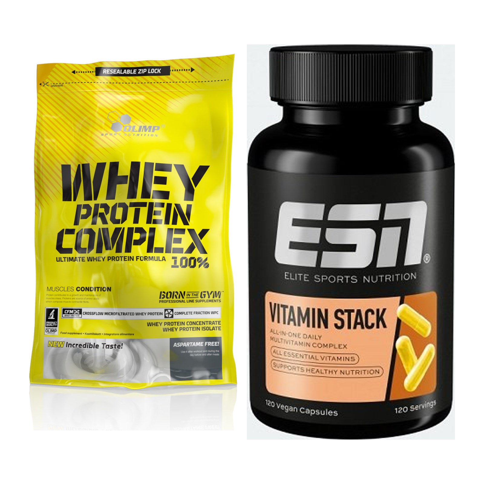 Basis-Set: Olimp Whey Protein Complex 100% + ESN Vitamin Stack – alle enthaltenen Artikel