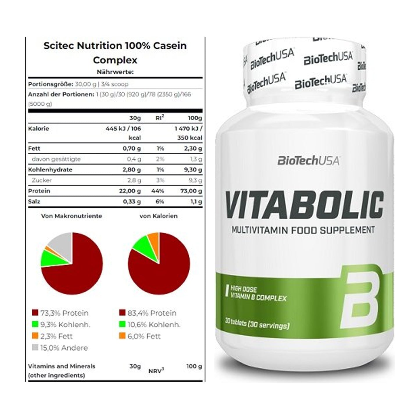 Basis-Set: Scitec Casein Complex + BioTech Vitabolic 30 Tabl. – alle enthaltenen Artikel