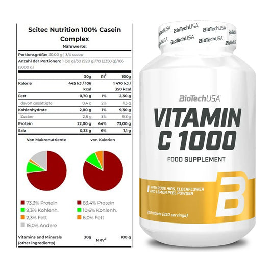 Basis-Set: Scitec Casein Complex + BioTech Vitamin C 1000 250 Tabl. – alle enthaltenen Artikel