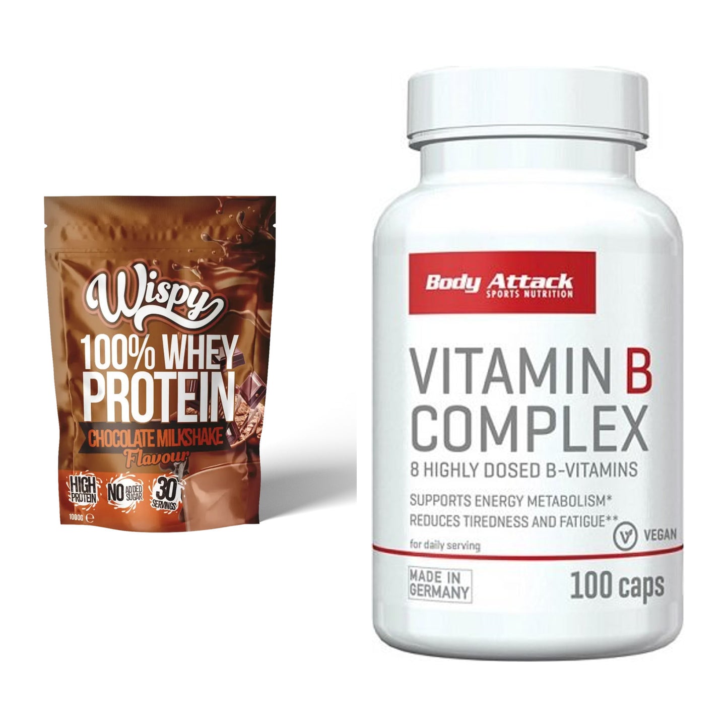 Basis-Set: Wispy Whey 100% + Body Attack Vitamin B-Complex – alle enthaltenen Artikel
