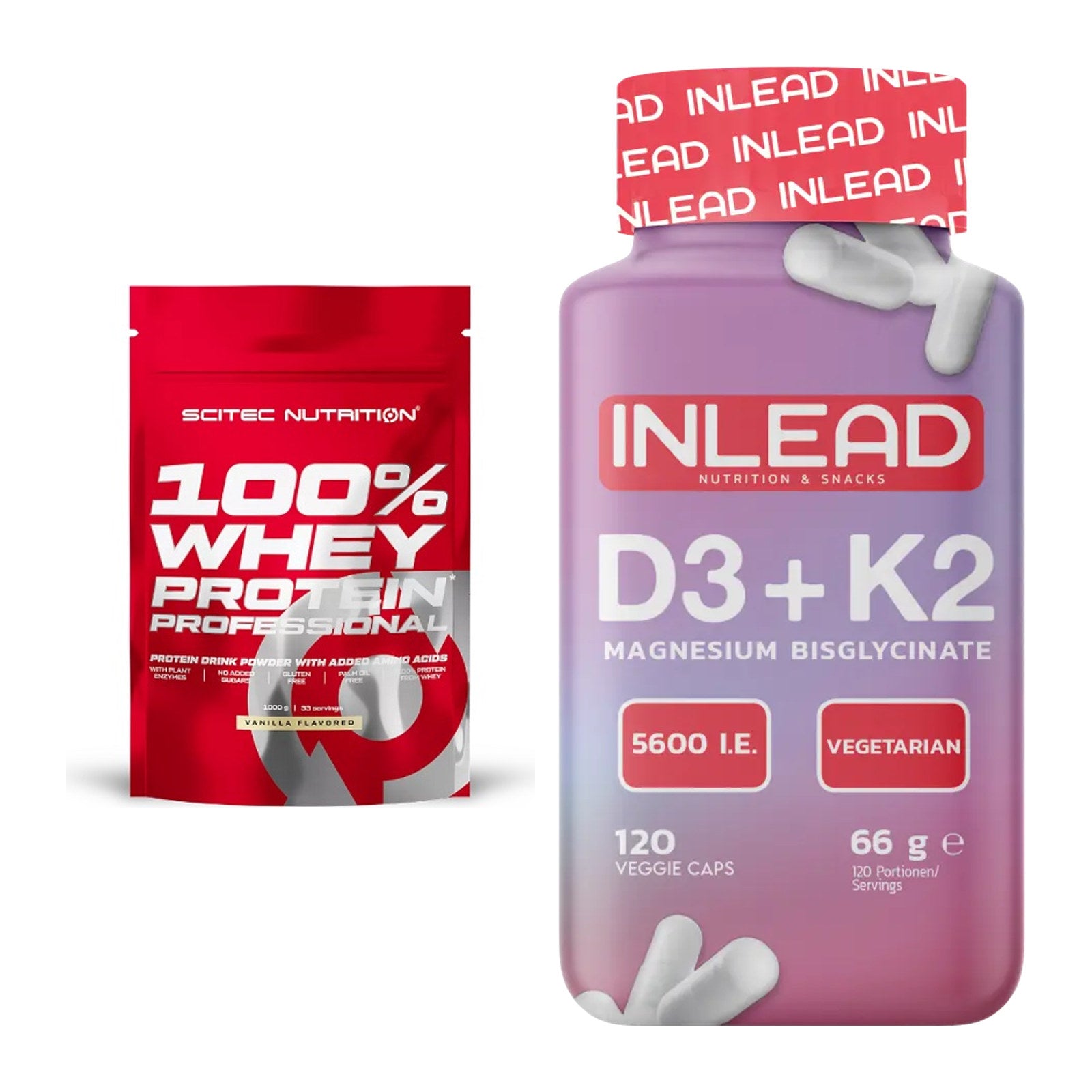 Basis-Set: Scitec 100% Whey Protein + INLEAD Vitamin D3 + K2 – alle enthaltenen Artikel