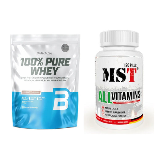 Basis-Set: BioTech 100% Pure Whey + MST All Vitamins 120 Tabl. – alle enthaltenen Artikel