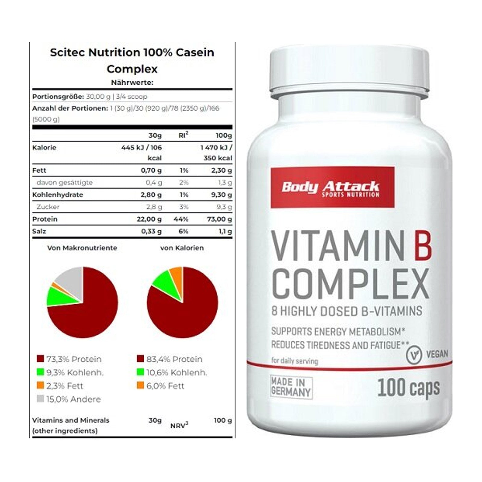 Basis-Set: Scitec Casein Complex + Body Attack Vitamin B-Complex – alle enthaltenen Artikel