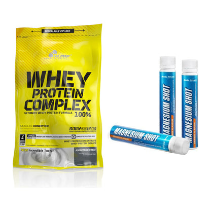 Basis-Set: Olimp Whey Protein Complex + Body Attack Magnesium Shots – alle enthaltenen Artikel