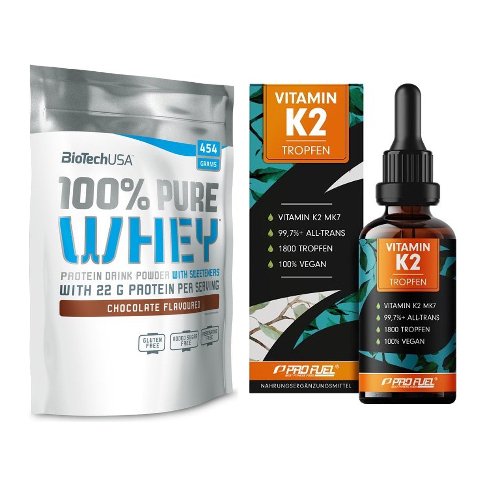Basis-Set: BioTech 100% Pure Whey + ProFuel Vitamin K2 (1800 Tropfen) – alle enthaltenen Artikel