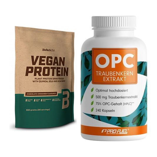 Basis-Set: BioTech Vegan Protein + ProFuel OPC Traubenkernextrakt – alle enthaltenen Artikel