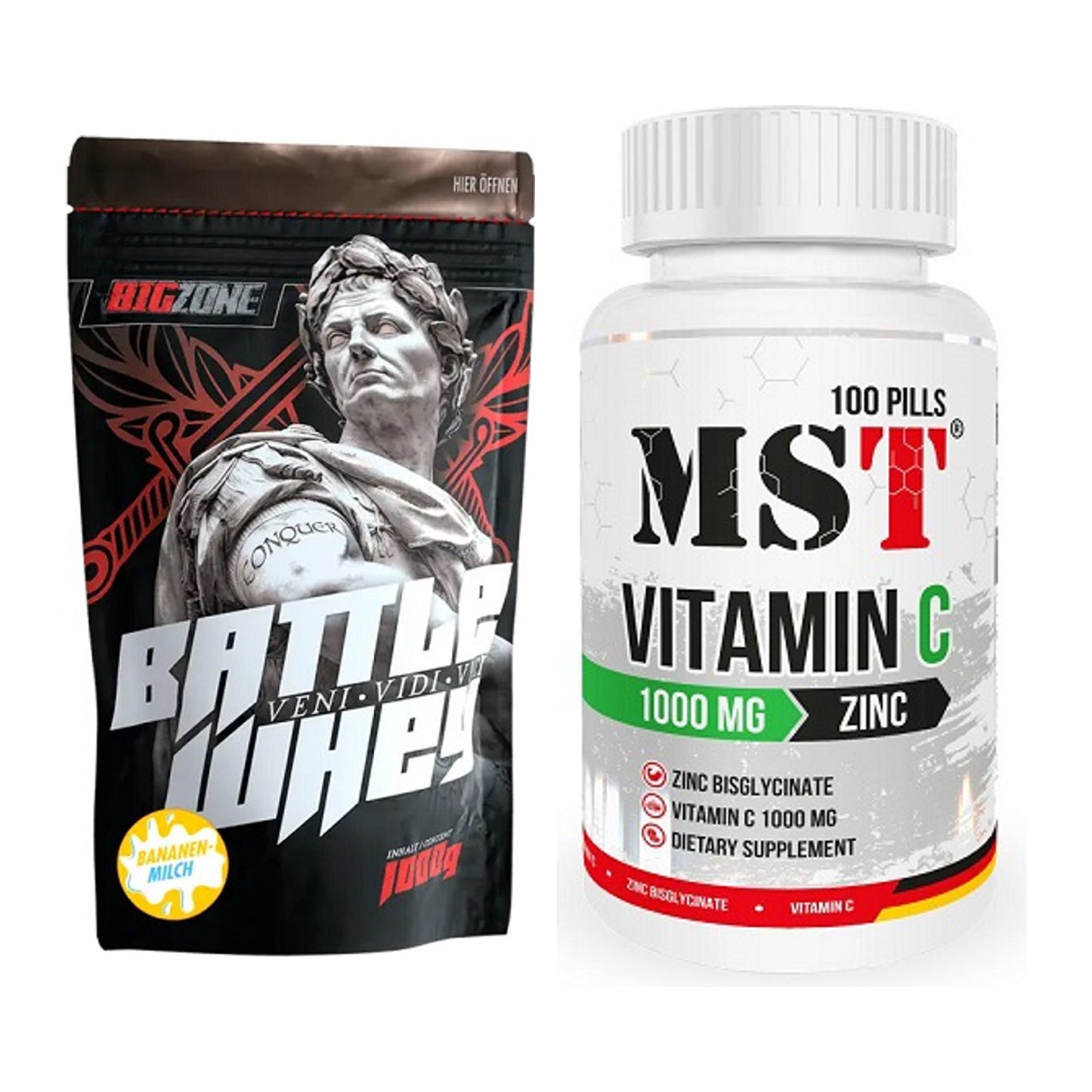 Basis-Set: Big Zone Battle Whey + MST Vitamin C 1000 + Zinc 100 – alle enthaltenen Artikel