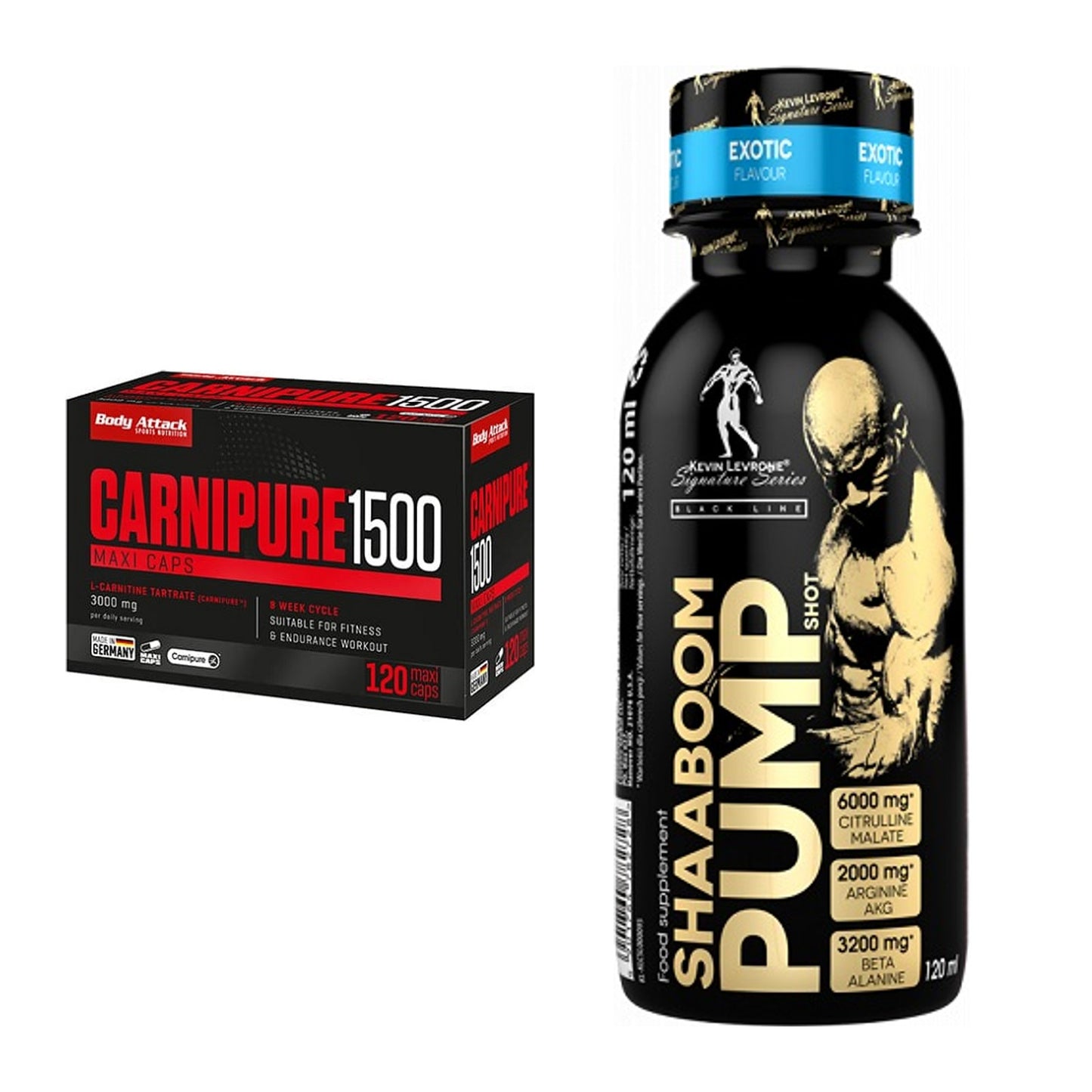 Cardio-Duo: Body Attack Carnipure 1500 + Kevin Levrone Shaaboom Pump – alle enthaltenen Artikel