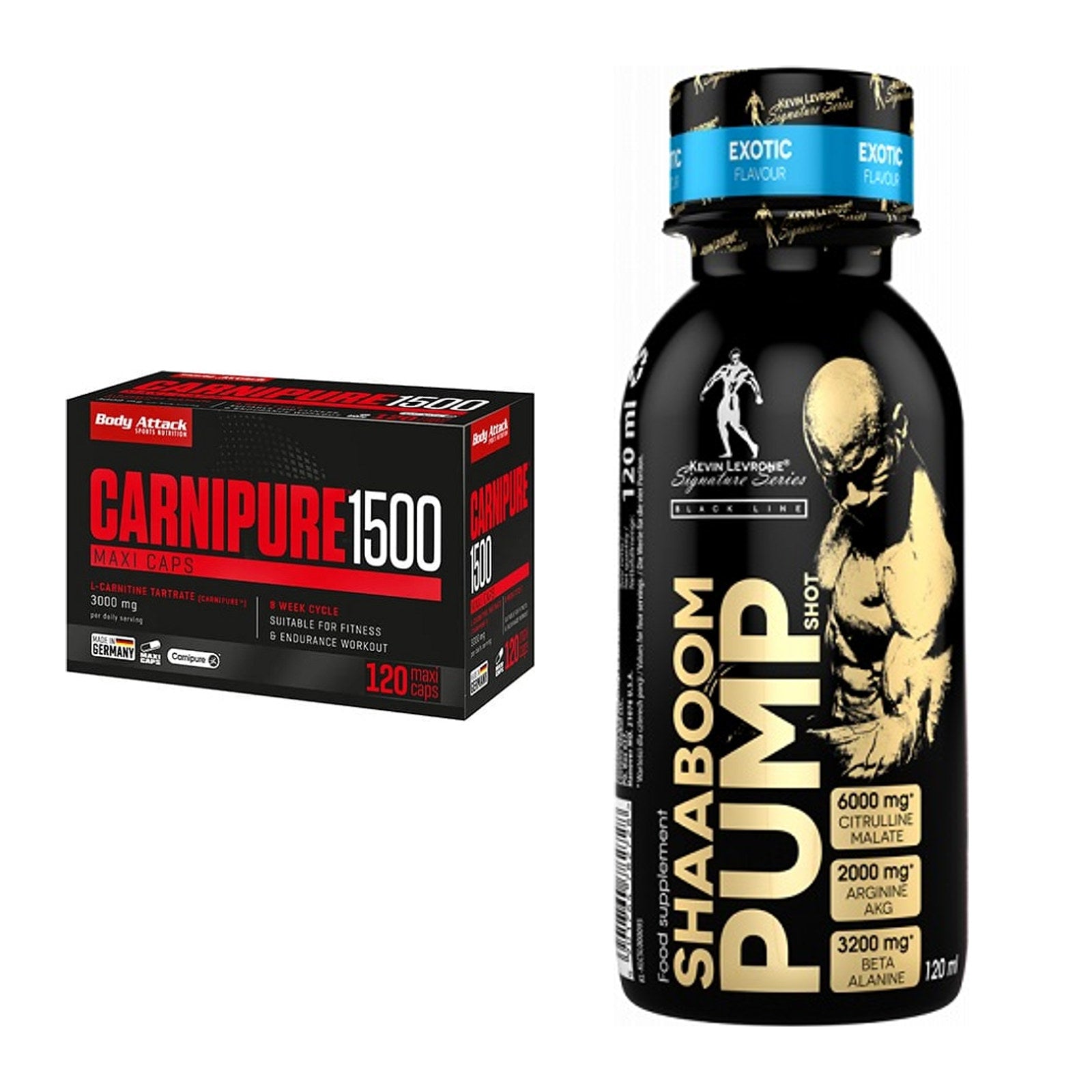 Cardio-Duo: Body Attack Carnipure 1500 + Kevin Levrone Shaaboom Pump – alle enthaltenen Artikel