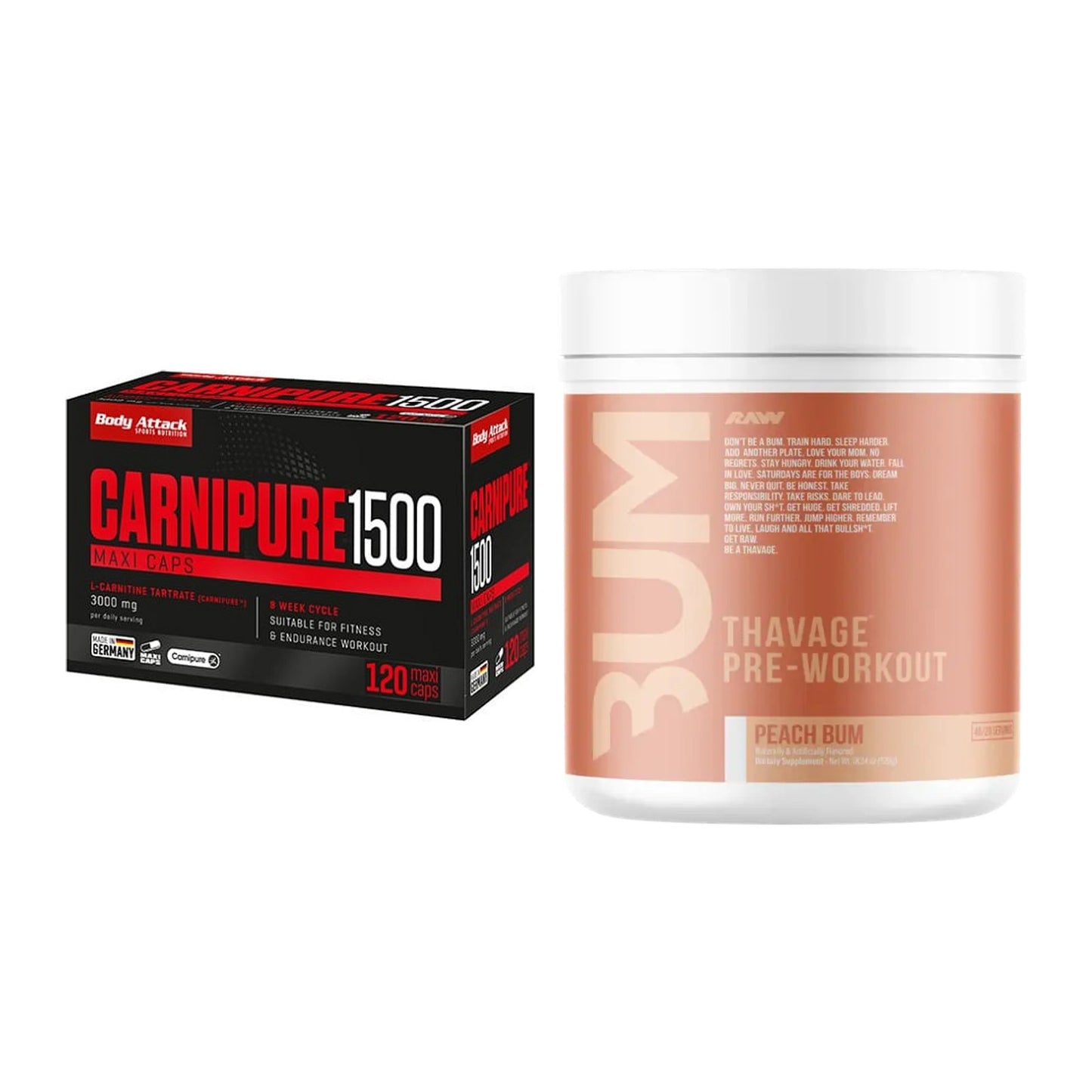 Cardio-Duo: Body Attack Carnipure 1500 + RAW Nutrition CBUM Thavage – alle enthaltenen Artikel