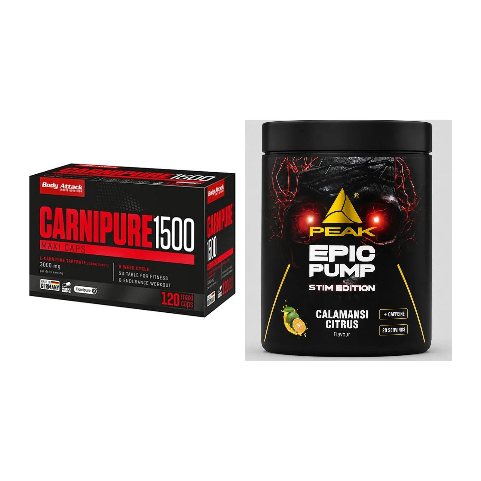 Cardio-Duo: Body Attack Carnipure 1500 + Peak Epic Pump Stim Edition – alle enthaltenen Artikel