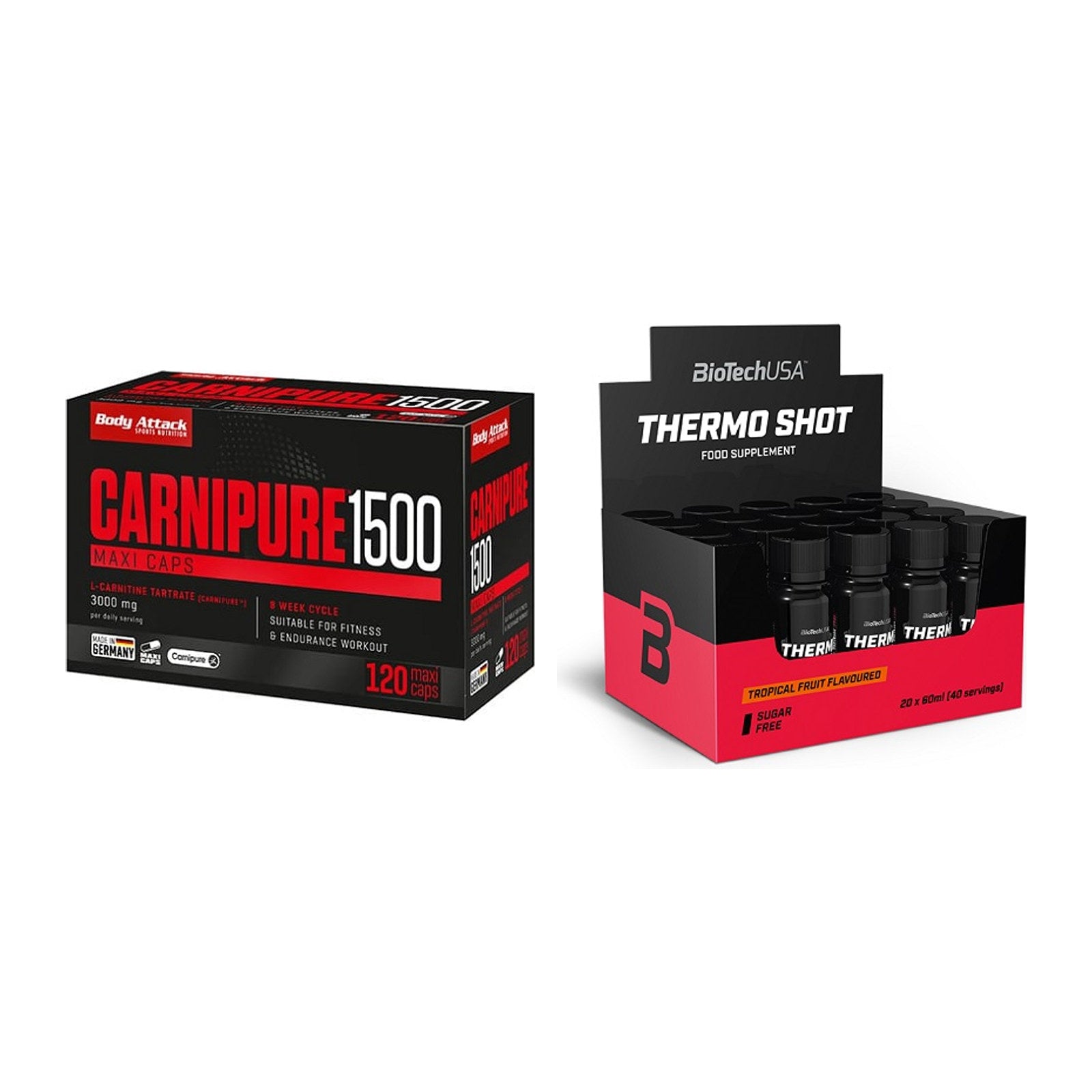 Cardio-Duo: Body Attack Carnipure 1500 + BioTech Thermo Shot 20x 60ml – alle enthaltenen Artikel