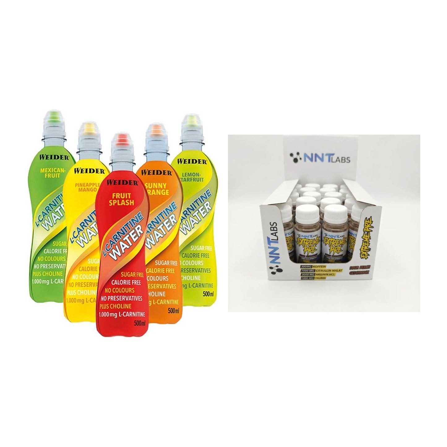 Cardio-Duo: Weider L-Carnitine WATER + NNT Extreme Pre-Workout Shot – alle enthaltenen Artikel